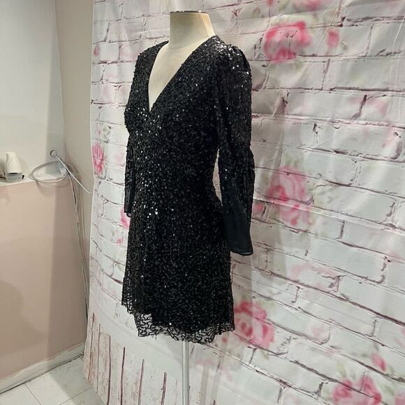 French Connection Women's Cellienne Sequin Bell Sleeve Laced Mini Black Dress 4 - Picture 6 of 13